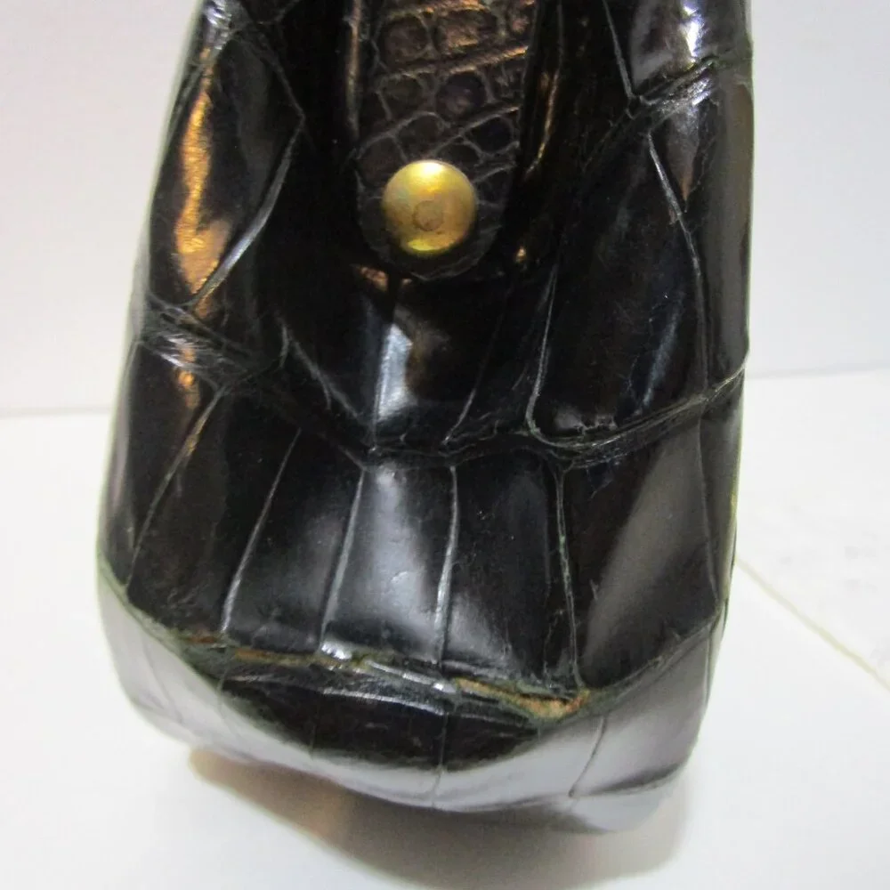 Crocodile Purse Top Handle Frame Vintage 1950s Glossy Black - Picture 10 of 16